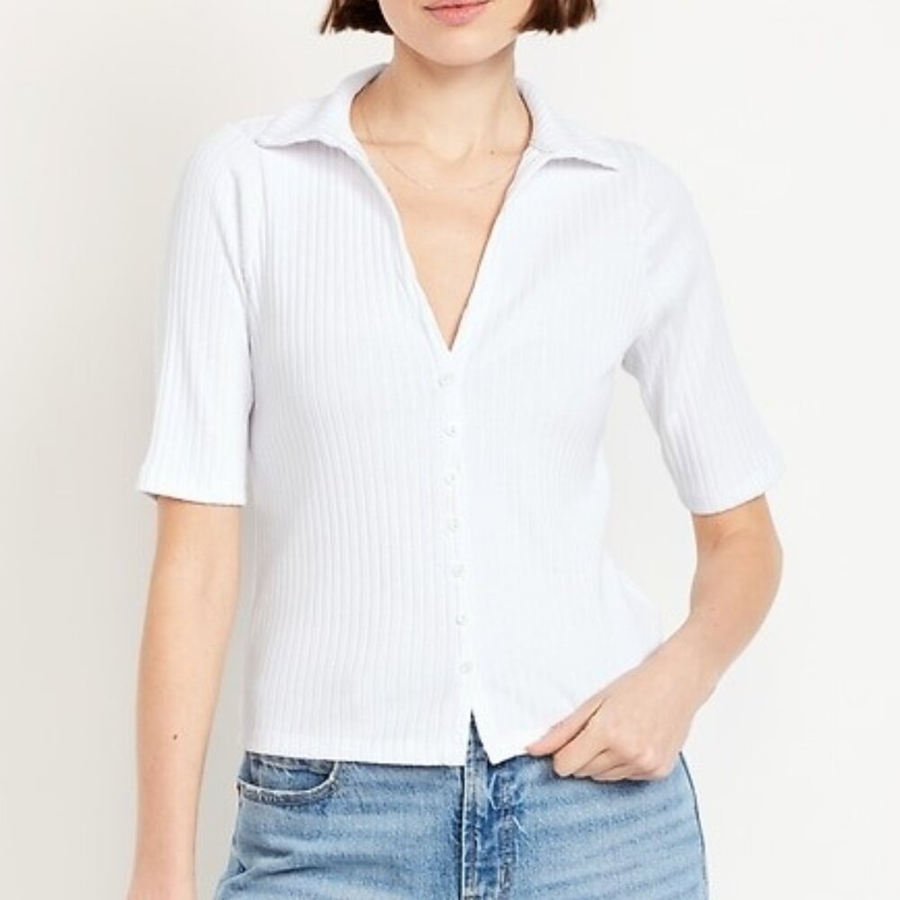 Old Navy Ribbed Button Front Polo Top V-Neck Short Sleeve White Size Medium NEW